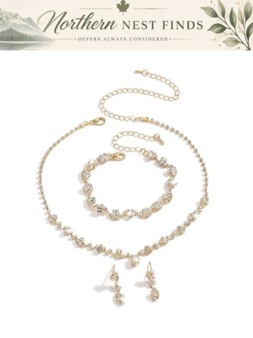 Rhinestone Pearl Y Necklace Earring Bracelet Set Wedding Jewelry
